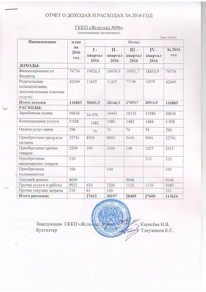 Отчет о доходах и расходах за 2016 год