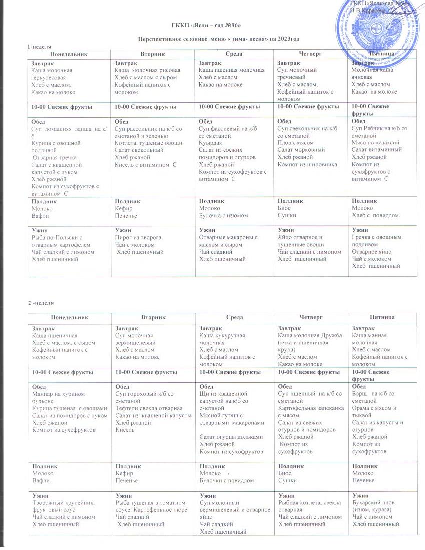 Перспективное сезонное меню "зима-весна" на 2023 год