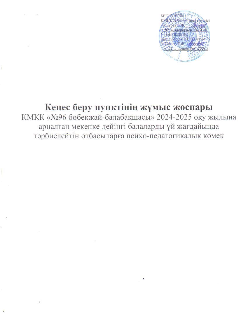 2024-2025 оқу жылына арналған кеңес беру пунктінің жоспары